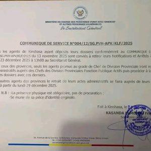 Secrétariat général aux Pvh-Apv: Les agents convoqués ce mardi pour retirer leurs Notifications et Arrêtés (Communiqué)