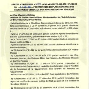 Ministère de la Fonction Publique : Jean-Pierre Lihau signe un vaste mouvement de mise en place des Secrétaires Généraux. (Document)